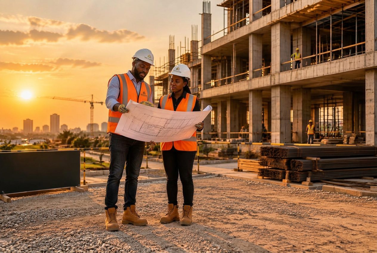 Engineers in hard hats and high-visibility vests reviewing plans at a construction site